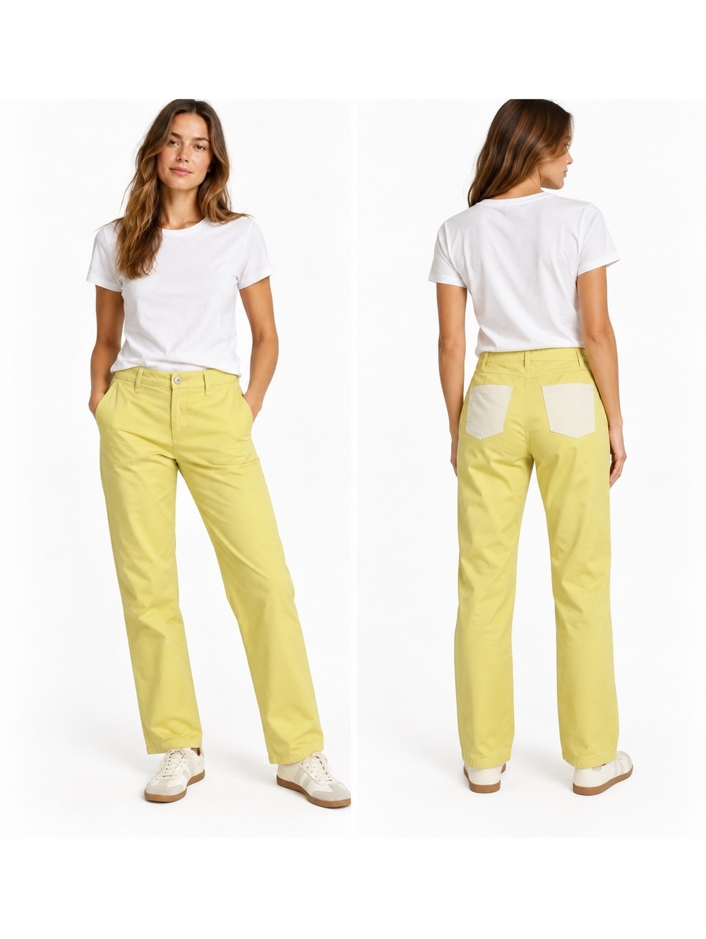STAUD Daff Yellow Cotton Straight Leg Pants Size 24 Contrast Pockets Minimalist